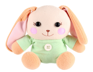 A plush baby hand puppet shaped like a rabbit, with a soft texture and a friendly face, isolated on a white background.