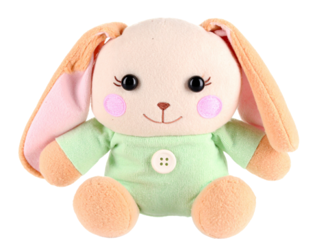 A plush baby hand puppet shaped like a rabbit, with a soft texture and a friendly face, isolated on a white background.