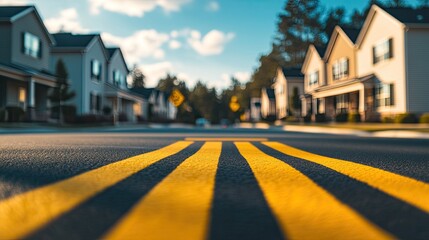 Obraz premium Yellow road stripes in front of suburban homes