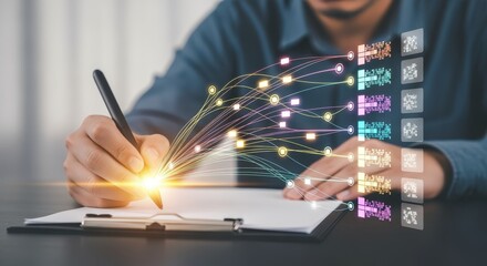 Man Creating Digital Network Connection with Pen on Clipboard, Representing Innovation and Technology Integration