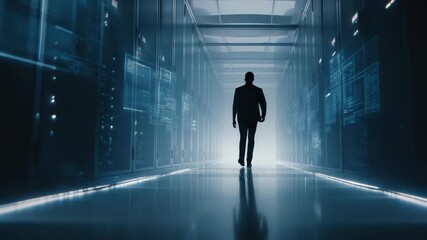 Businessman walking in a dark illuminated data center corridor surrounded by glowing digital panels, symbolizing IT infrastructure, security, and technology management - Powered by Adobe