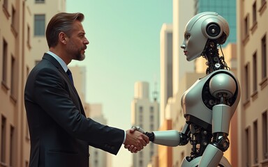 Retro-futurism Human-Robot Handshake in Business. High quality