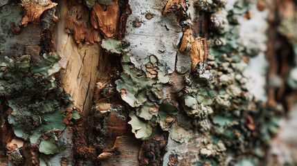Close-up of tree bark with lichen and peeling layers