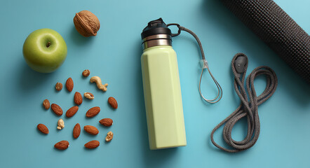 Healthy lifestyle essentials nuts water bottle and exercise accessories