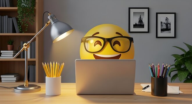 Emoji Nerd Working at Laptop on Desk | Home Office Setting for Technology, Education, and Remote Work Concepts - Powered by Adobe