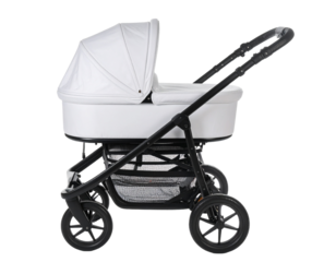 A modern gray baby stroller, a convenient item for transporting a child, isolated on a white background.