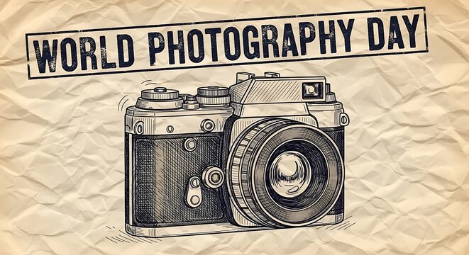 Vintage camera illustration on crumpled paper background for world photography day celebration, capturing the essence of retro photography