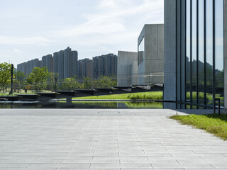 Fototapeta premium empty brick floor with modern building