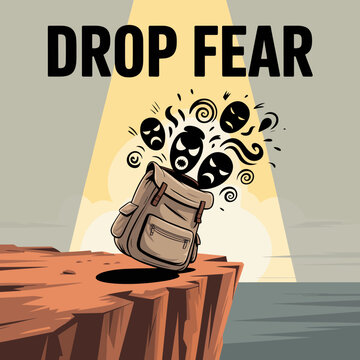 Overcoming fear and anxiety by dropping worries and negative emotions from a backpack on a cliff edge with a spotlight illuminating the release of abstract fear symbols