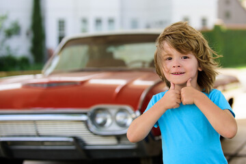 Obraz premium Happy child on vacation road trip. Childhood adventure with kids and travel. Happy Childhood. Travel moments from childhood trips. Little traveler. Memories of childhood vacations.