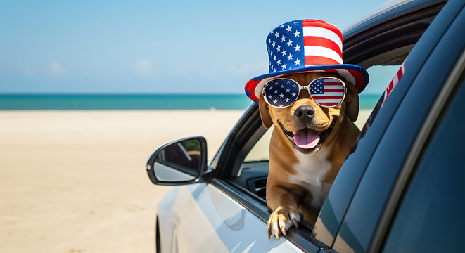 Patriotic dog wearing an American flag hat and sunglasses on a summer road trip to the beach.