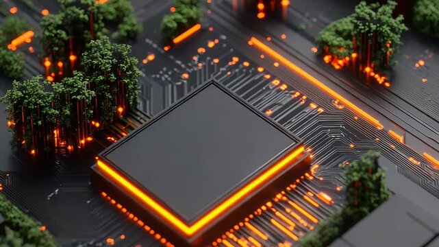 Green computing concept, cpu and trees growing on motherboard
