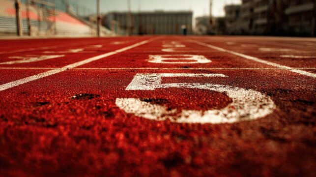 Running track perspective, focus on number five, symbolizing competition, achievement, and athletic performance outdoors
