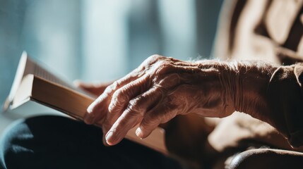 Aged hands holding an open book.