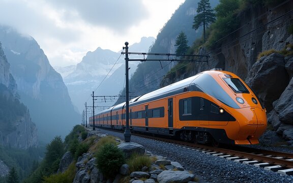 promotional photography of an exterior of futuristic orient express luxury train ride on a luxury train traveling to every alterna reality. High quality