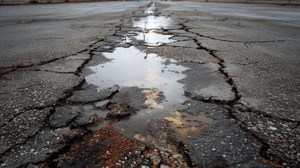 Cracked asphalt road texture with oil stains and puddles