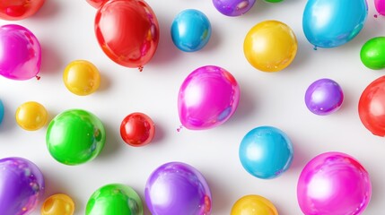 Fototapeta premium Colorful balloons in various sizes and shades, creating a festive, vibrant, and joyful pattern against a plain white background