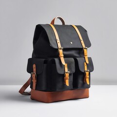 Man with a black leather backpack walks down a street on a bright day outdoors urban scene.