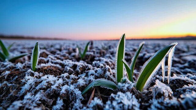 Frost Damaged Landscape Resilience of Young Green Plants in Agriculture Amidst Cold Winter Weather, Showcasing Natures Growth in Field