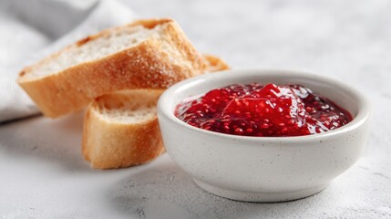 Fresh raspberry jam and crusty bread slices