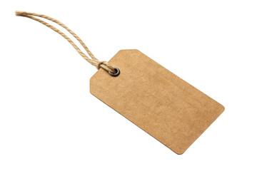 Blank kraft paper hang tag with string isolated on transparent background