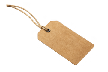 Blank kraft paper hang tag with string isolated on transparent background