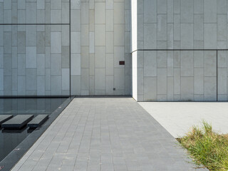 empty brick floor with modern building