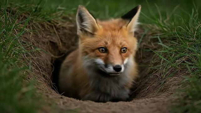 Red fox emerging from burrow