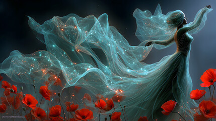 Ancient Egyptian Mythology・Isis’ Lament | Dark Green Aura with Linen Silhouette, White Energy Threads, Red Poppy Petals (Hieroglyph "Sorrow"), Silver Tear-Light, Sirius in Black Sky, Afterlife Longing