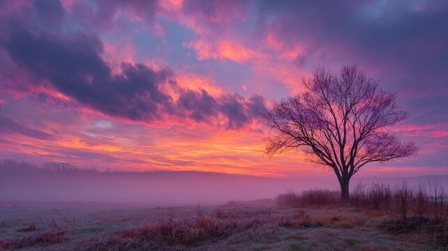 Misty Sunrise, lone tree