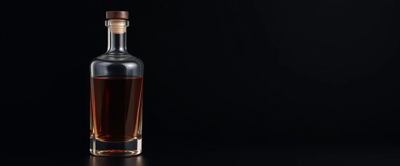 Elegant empty glass brandy bottle, dark backdrop, object, distilled