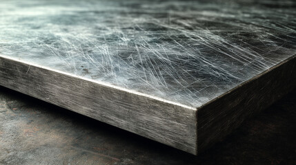Industrial steel plate with brushed metallic finish and scratches