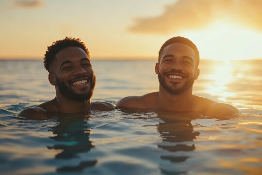 Two happy black men swimming in the blue lagoon geothermic spa in Iceland. Smiling African American gay couple relaxing in the water at a natural spa, Generative AI
