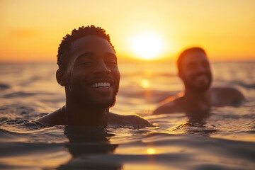 Two happy black men swimming in the blue lagoon geothermic spa in Iceland. Smiling African American gay couple relaxing in the water at a natural spa, Generative AI