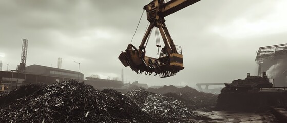 Industrial machine lifting scrap metal outdoors.