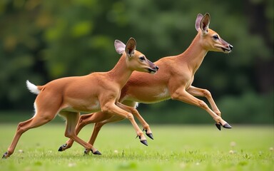 These descriptions provide a variety of scenes showcasing therians performing deerlike leaps in park settings highlighting the beauty agility and gracefulness of their movements. High quality