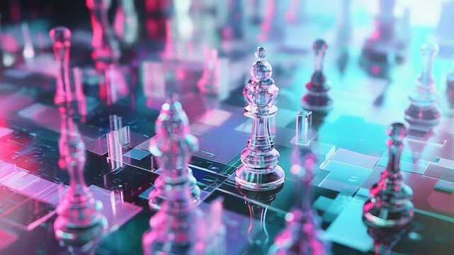 Glass chess pieces standing on futuristic transparent chessboard reflecting neon lights