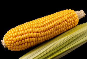 Golden-hued ripe corn cob, kernels plump and juicy, against a stark black backdrop,  golden,  glossy