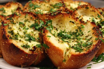 Close-up of several toasted garlic bread rolls