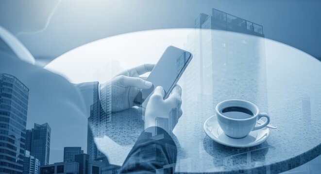 Man Uses Mobile Phone at Cafe with Coffee, Overlayed Cityscape, Depicting Modern Business Lifestyle