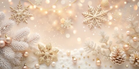 Elegant Festive Decor Sparkling Snowflakes, Shimmering Ornaments, and Soft Winter Branches Create a Luxurious Holiday Scene