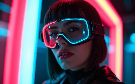 This portrait of a woman in neon goggles and black latex combines futuristic streetwear with cinematic flair, resulting in a bold tribute to retro-futurism and modern technology. High quality - Powered by Adobe