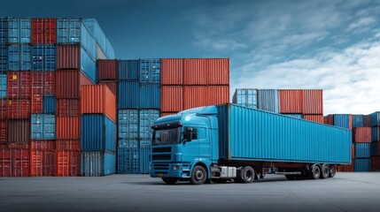 Blue truck hauling cargo containers at a busy port