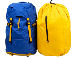  High performance waterproof dry bag in bright yellow with blue backpack isolated on transparent background PNG