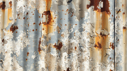 Rusty corrugated metal with peeling paint and oxidized patches 