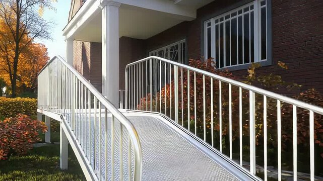Metal wheelchair ramp providing access to brick house in autumn