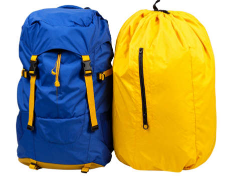  High performance waterproof dry bag in bright yellow with blue backpack isolated on transparent background PNG
