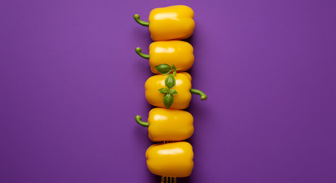 Bright yellow bell peppers with fresh green basil leaves arranged vertically