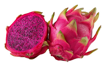 Vibrant pink dragon fruit, also known as pitaya, cut in half to reveal its magenta flesh and tiny black seeds, isolated on transparent background