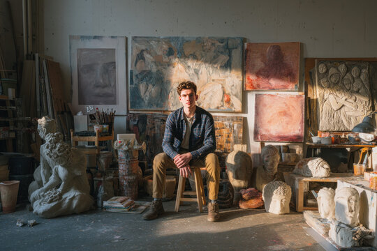 Late afternoon in a creative studio with paintings and sculptures A young artist arranges their work for an upcoming sale - Powered by Adobe